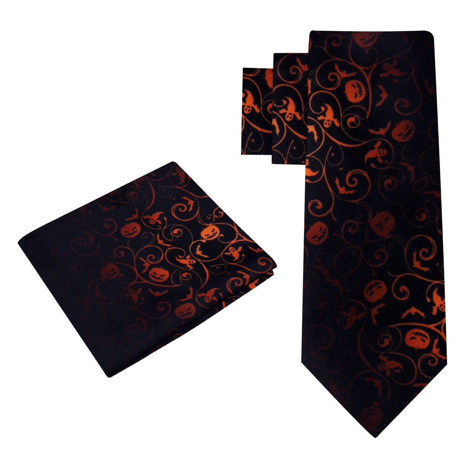 Alt View: Black and Orange Haunted Halloween Tie and Pocket Square
