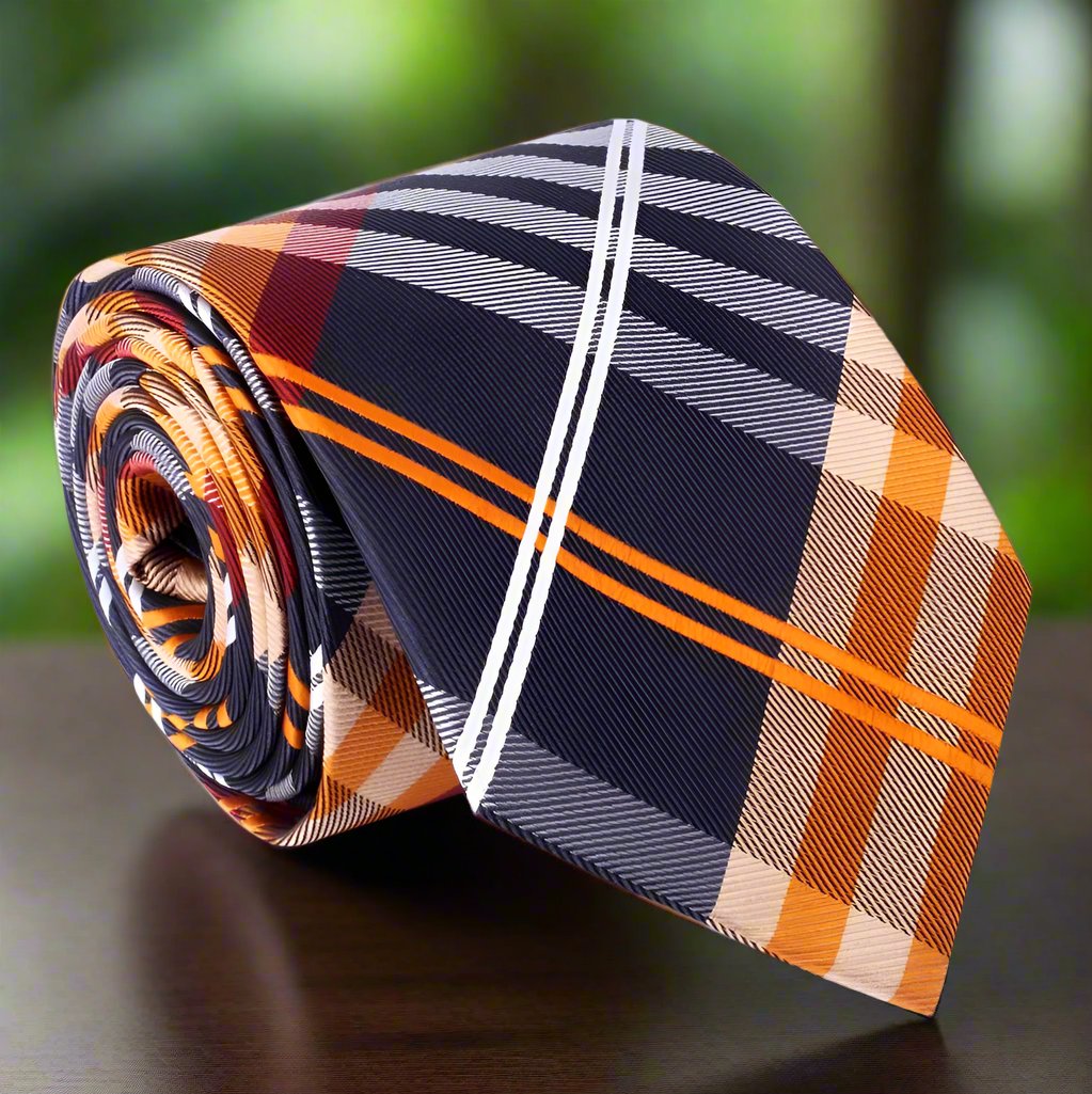 Black, Orange Plaid Tie  ||Orange, Black, White