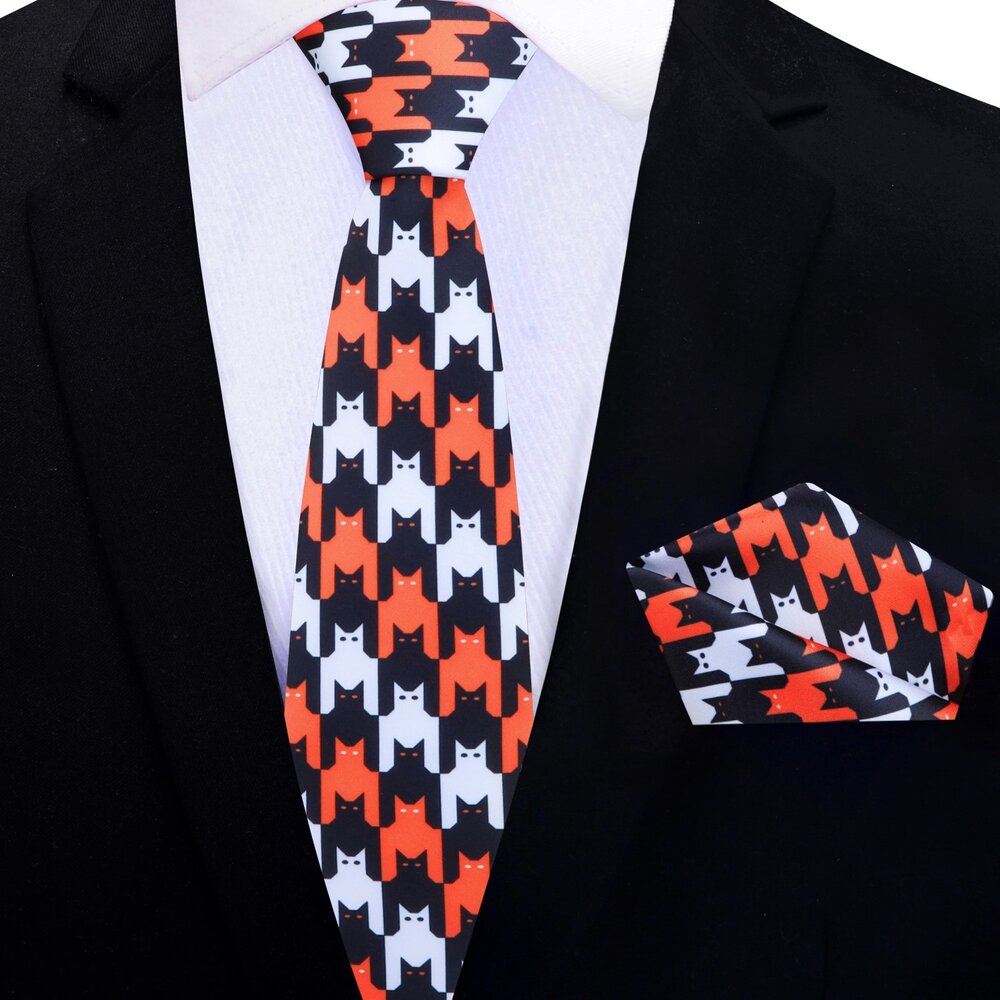Thin Tie View: Black, Orange, White Bats and Cats Tie And Pocket Square