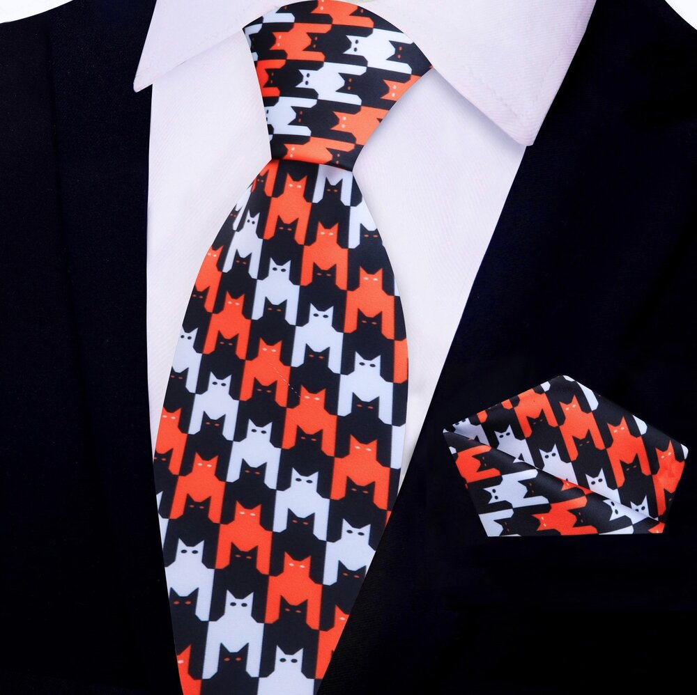 Black, Orange, White Bats and Cats Tie And Pocket Square