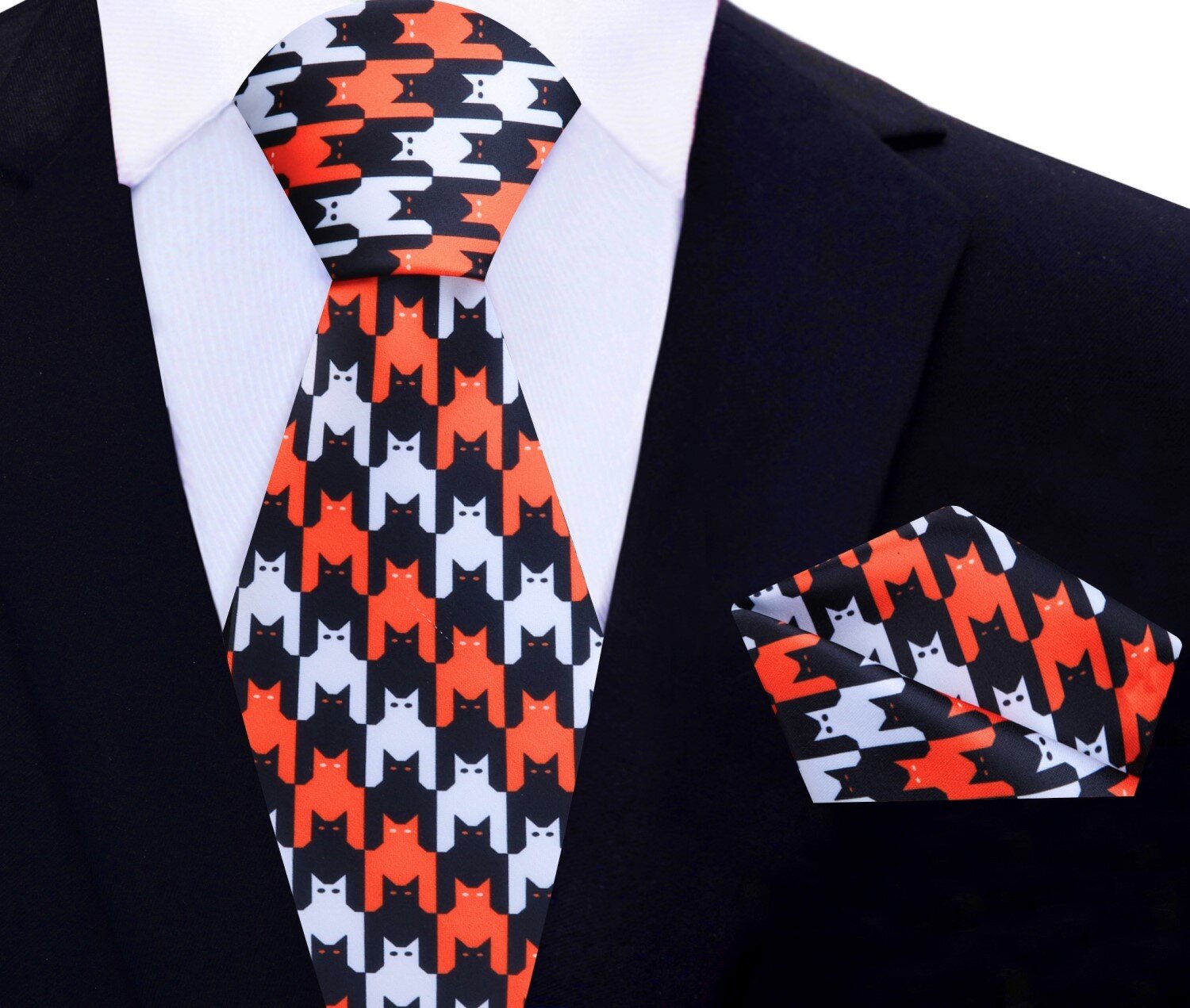 Main View: Black, Orange, White Bats and Cats Tie And Pocket Square