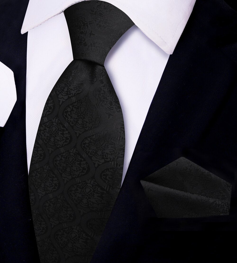 Black, black abstract tie and pocket square||Black