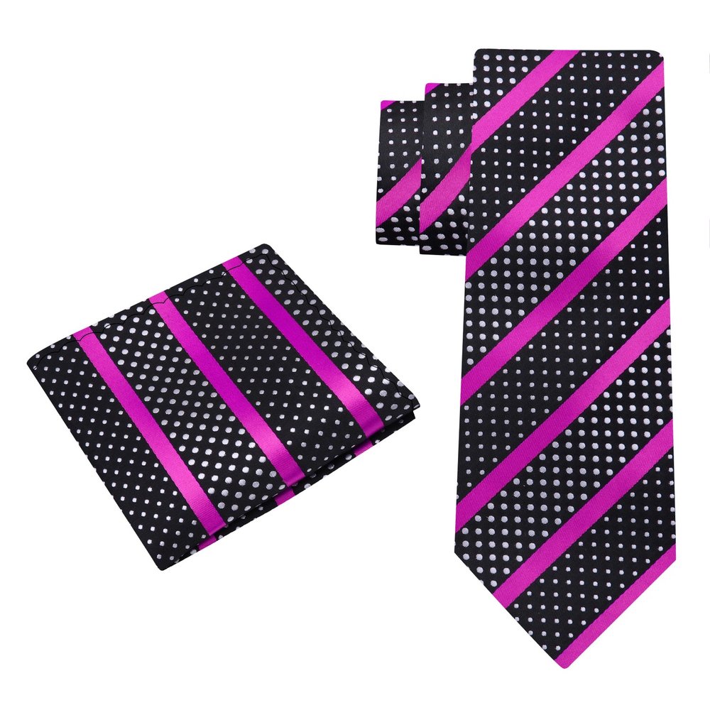 Alt View: Black, White, Pink Dots with Stripes Silk Necktie and Pocket Square