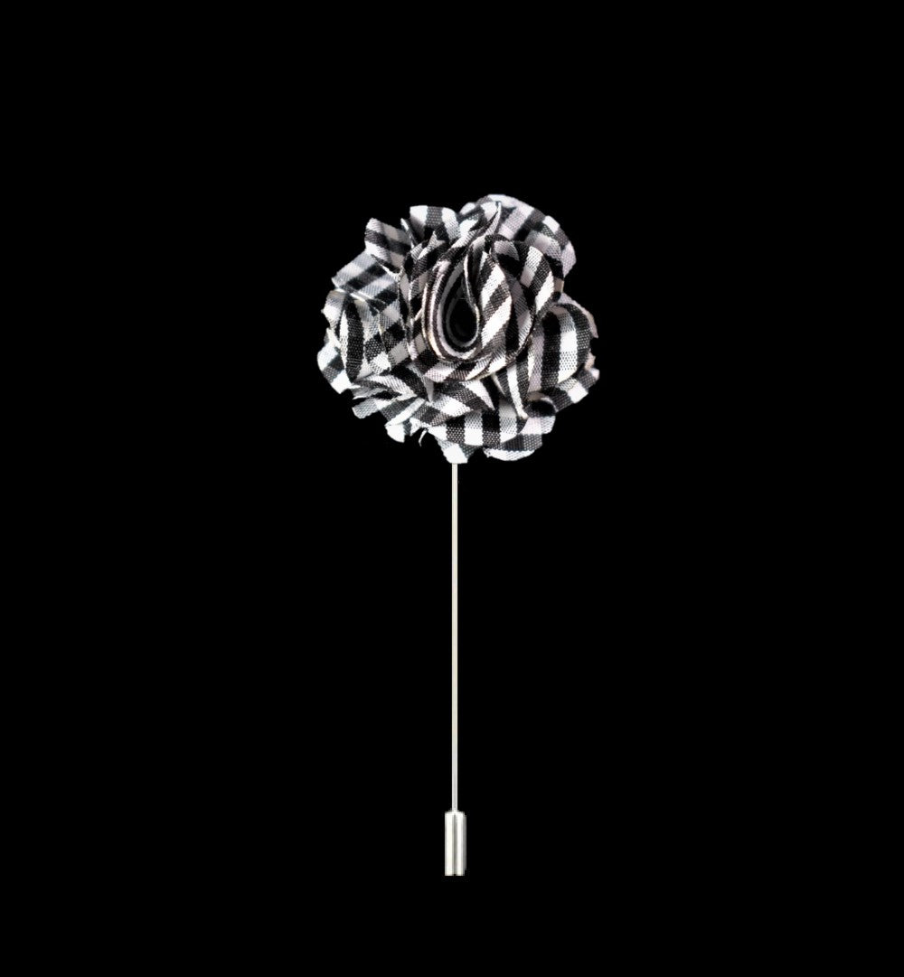 A Black, Grey Plaid Colored Leafy Petal Flower Shaped Lapel Pin||Black, White