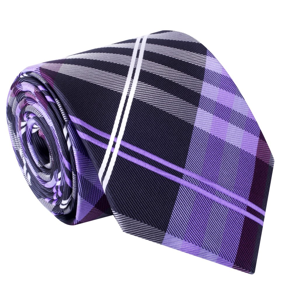 A Black, Purple, White Plaid Pattern Necktie  