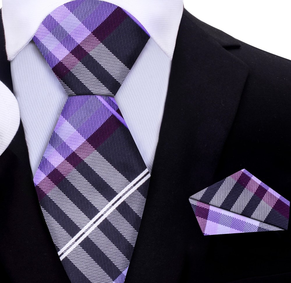 A Black, Purple, White Plaid Pattern Necktie With Matching Pocket Square||Purple, Black, White