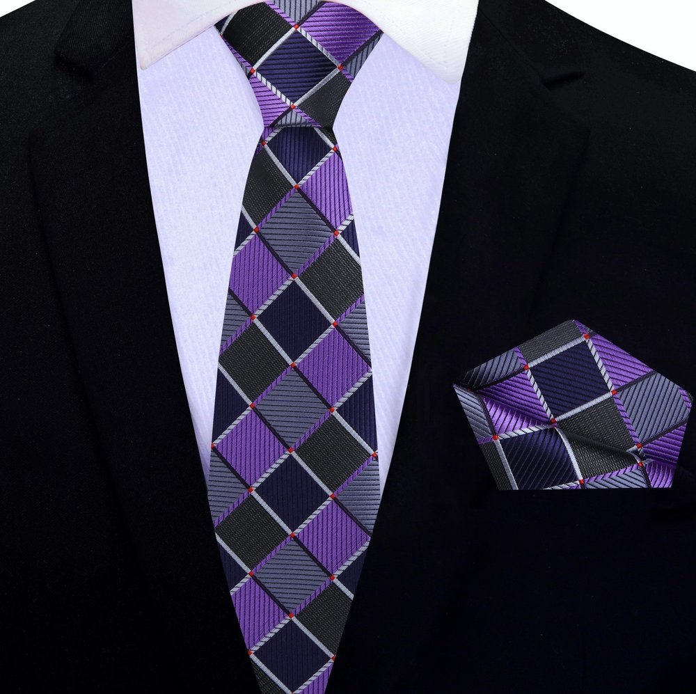 Thin Tie: Purple, Black, Grey Geometric Tie and Pocket Square