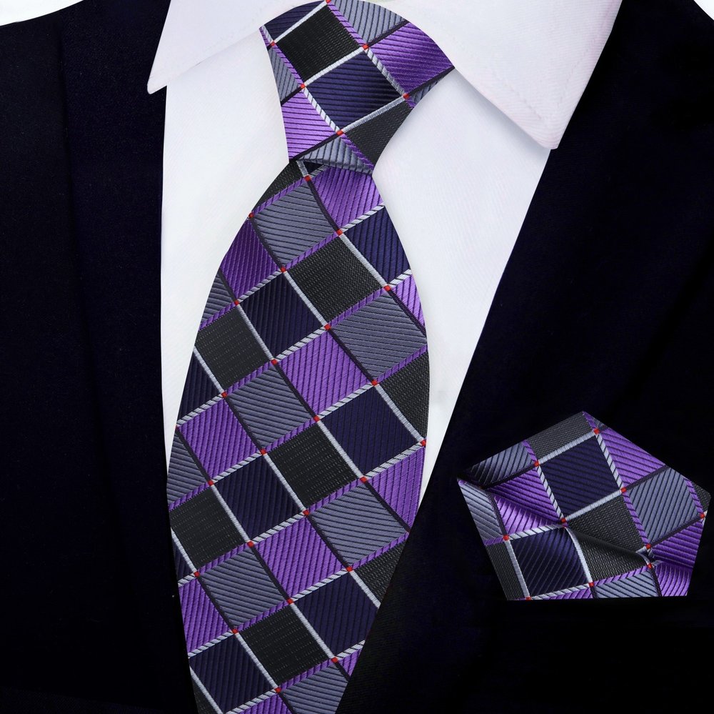 Purple, Black, Grey Geometric Tie and Pocket Square