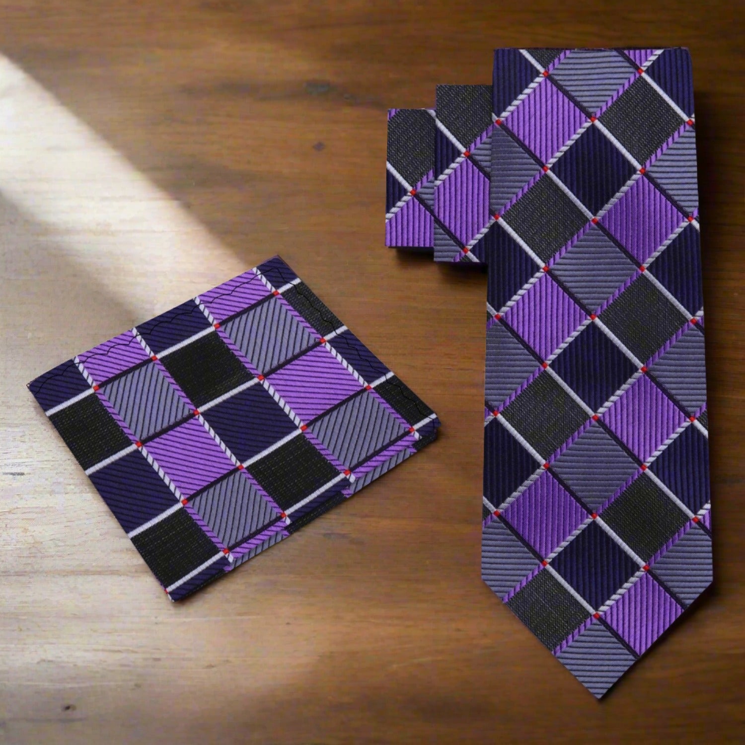 Alt View: Purple, Black, Grey Geometric Tie and Pocket Square