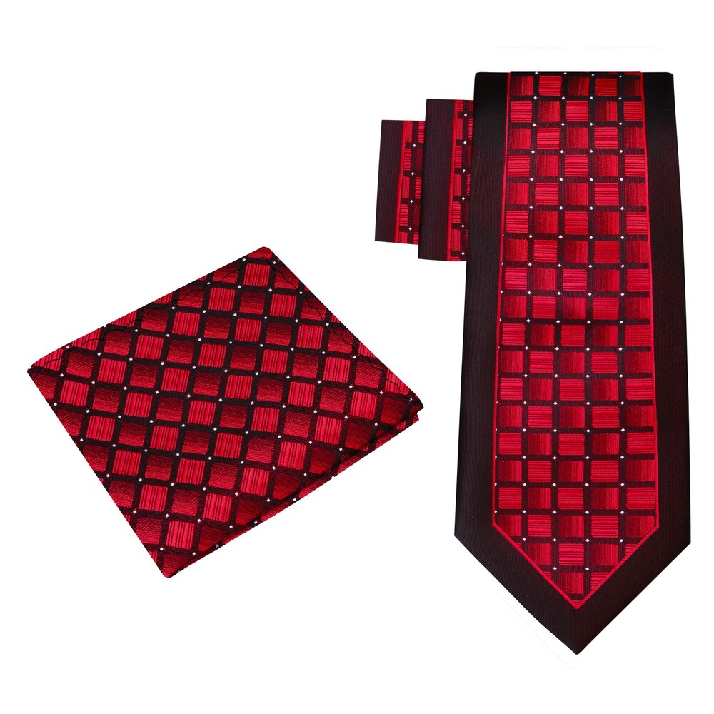 Alt View: A Red and Black Checker Pattern Silk Necktie With Matching Pocket Square