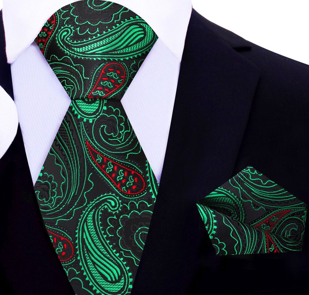 Black, Green, Red Paisley Tie and Pocket Square