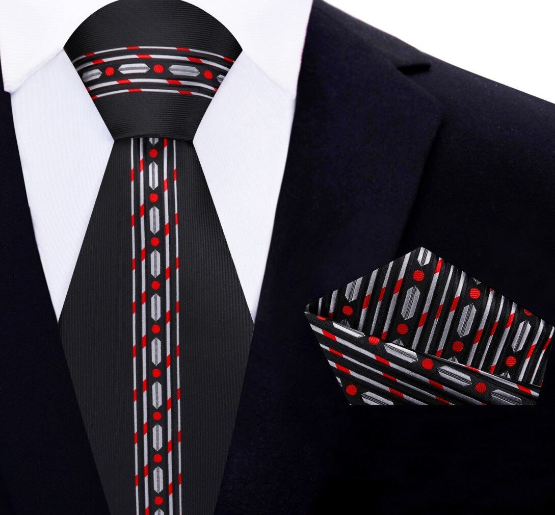 Main View: Black, Red, Grey Abstract Tie and Pocket Square