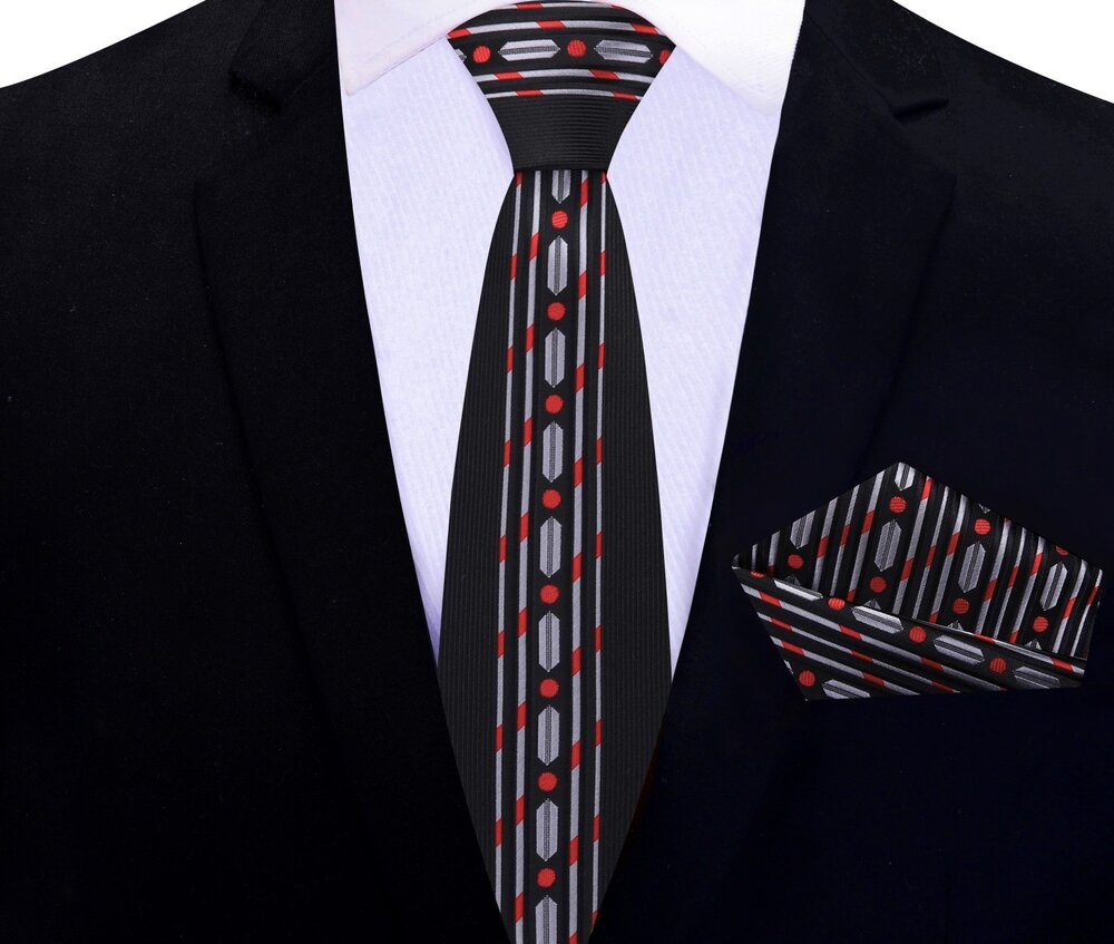 Black, Red, Grey Abstract Thin Tie and Pocket Square||Black