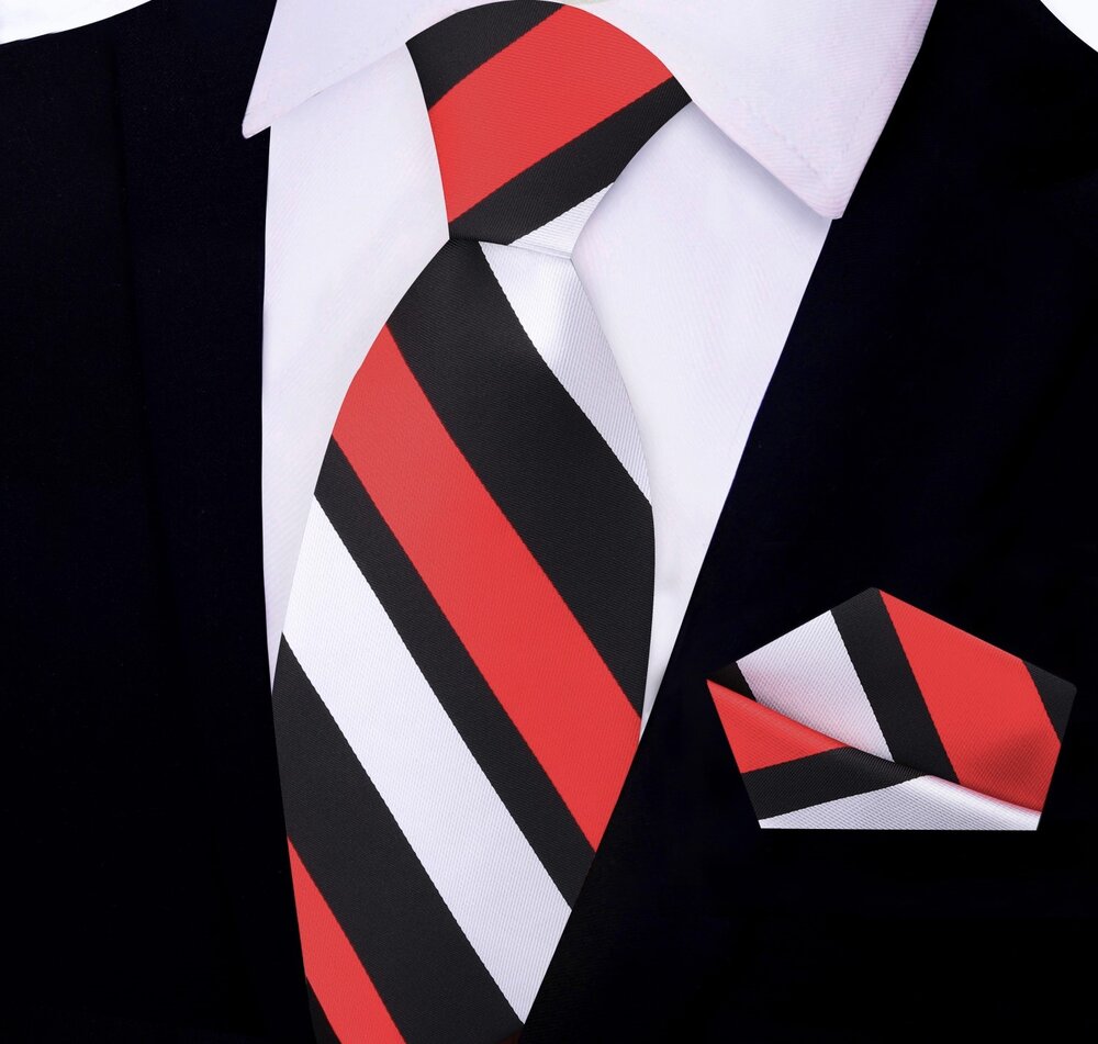 Red, Black, Pale Grey Stripe Tie and Pocket Square||Red, Black