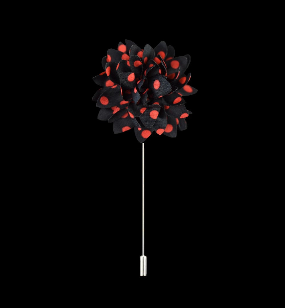 A Black, Red Polka Dot Lapel Flower||Black, Red