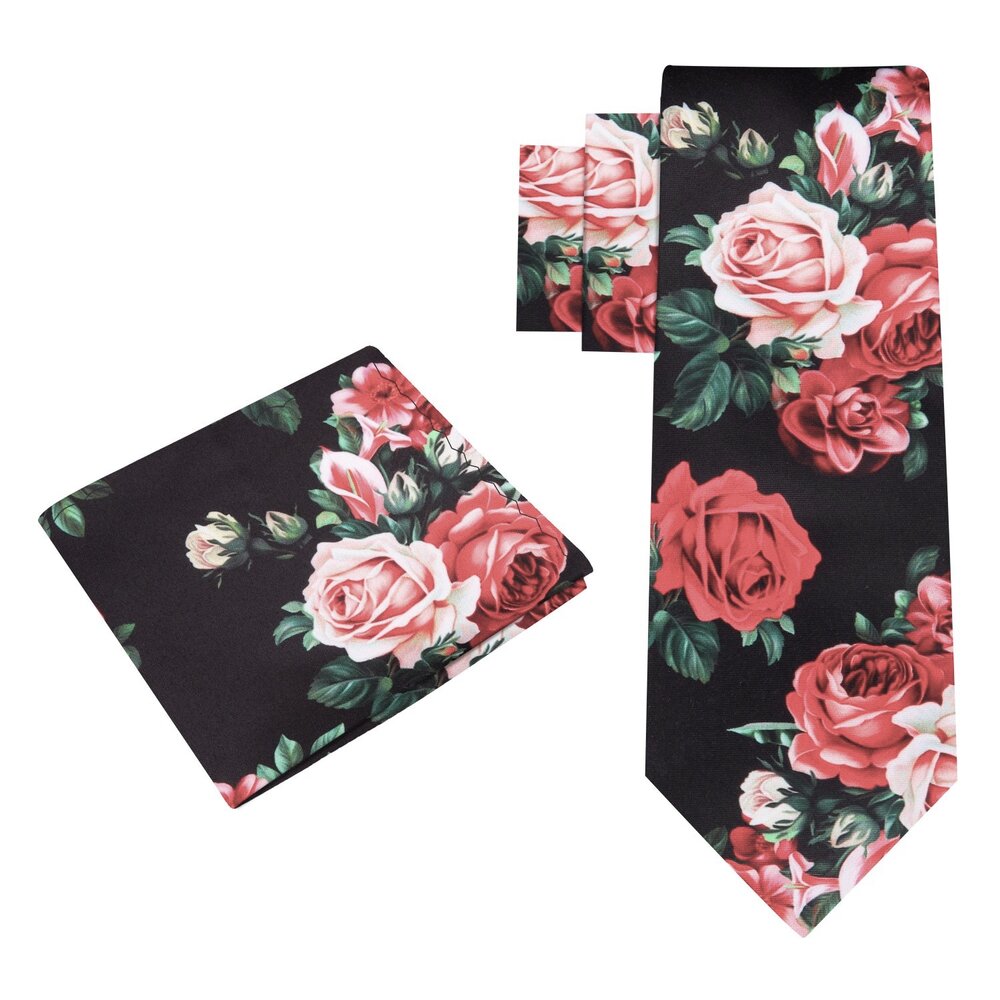 A Black, Red, Pink Bold Roses With Leaves Pattern Silk Necktie, Matching Pocket Square||Black with Red, Pink Floral
