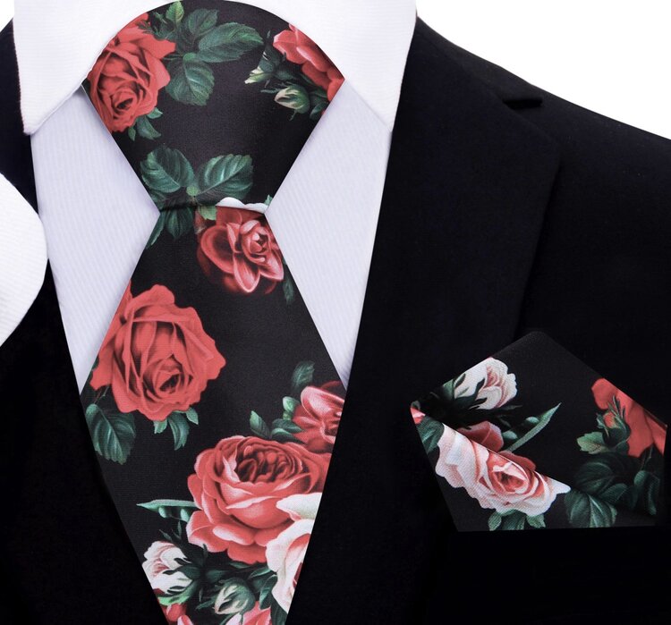 Main View: A Black, Red, Pink Bold Roses With Leaves Pattern Silk Necktie, Matching Pocket Square
