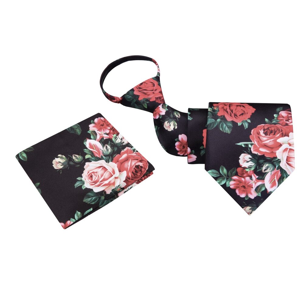 A Black, Red, Pink Bold Roses With Leaves Pattern Silk Zipper Necktie, Matching Pocket Square ||Black with Red, Pink Floral