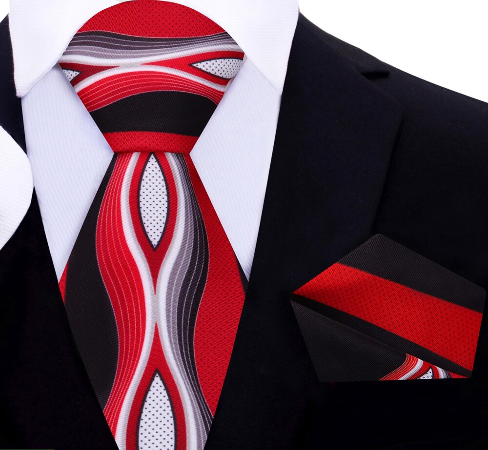 Red, Black, White Abstract Waves Tie and Square
