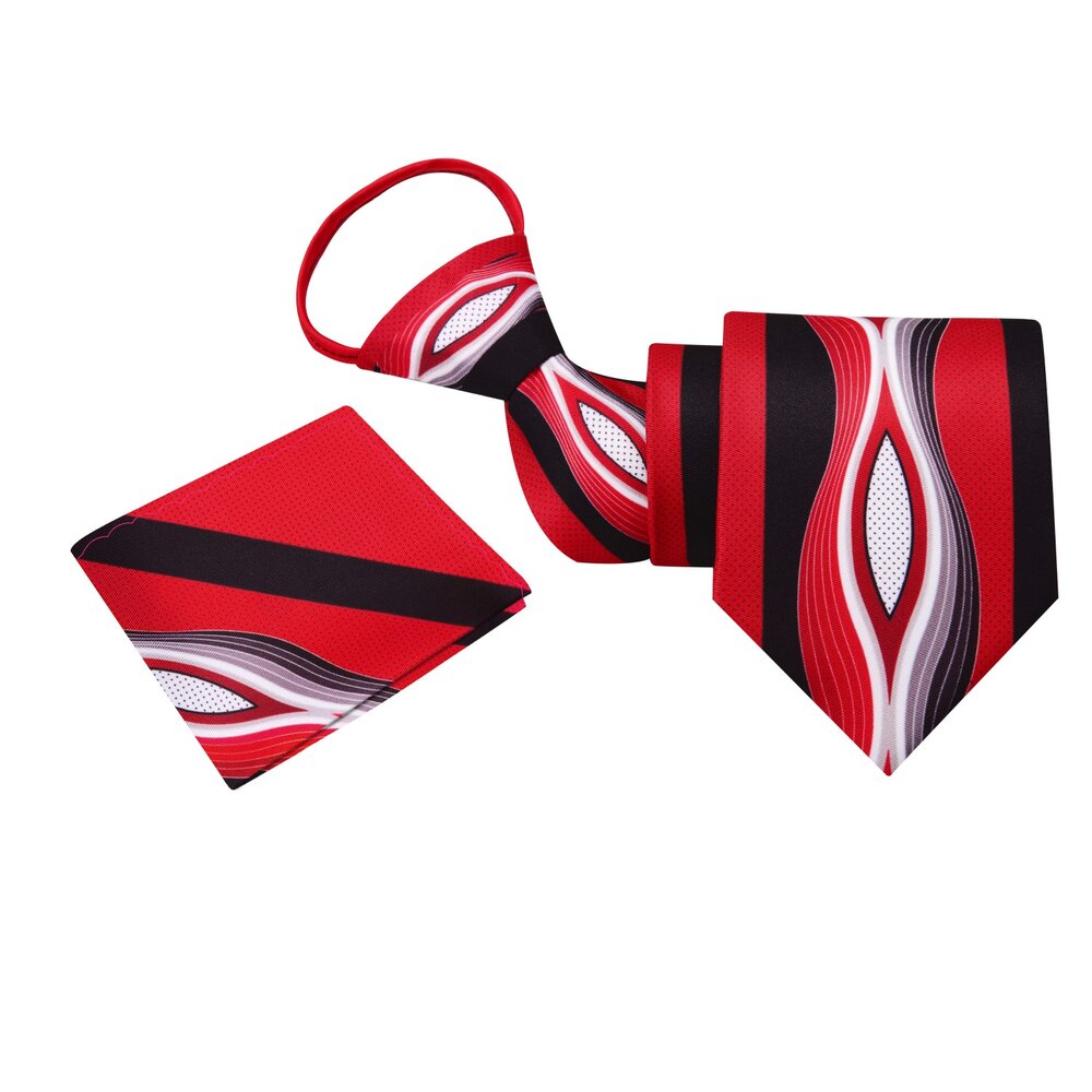 Zipper: Red, Black, White Abstract Waves Tie and Square