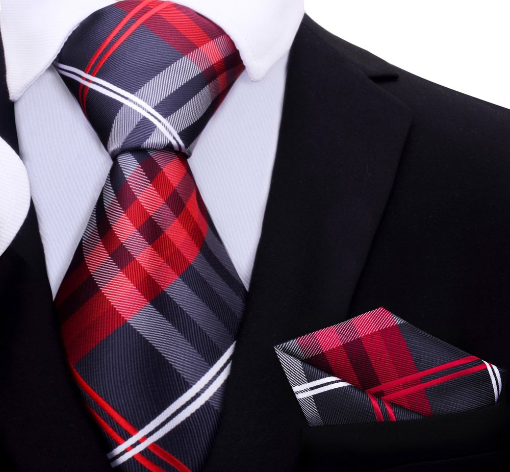 A Black, Red, White Plaid Pattern Necktie With Matching Pocket Square||Red, Black, White