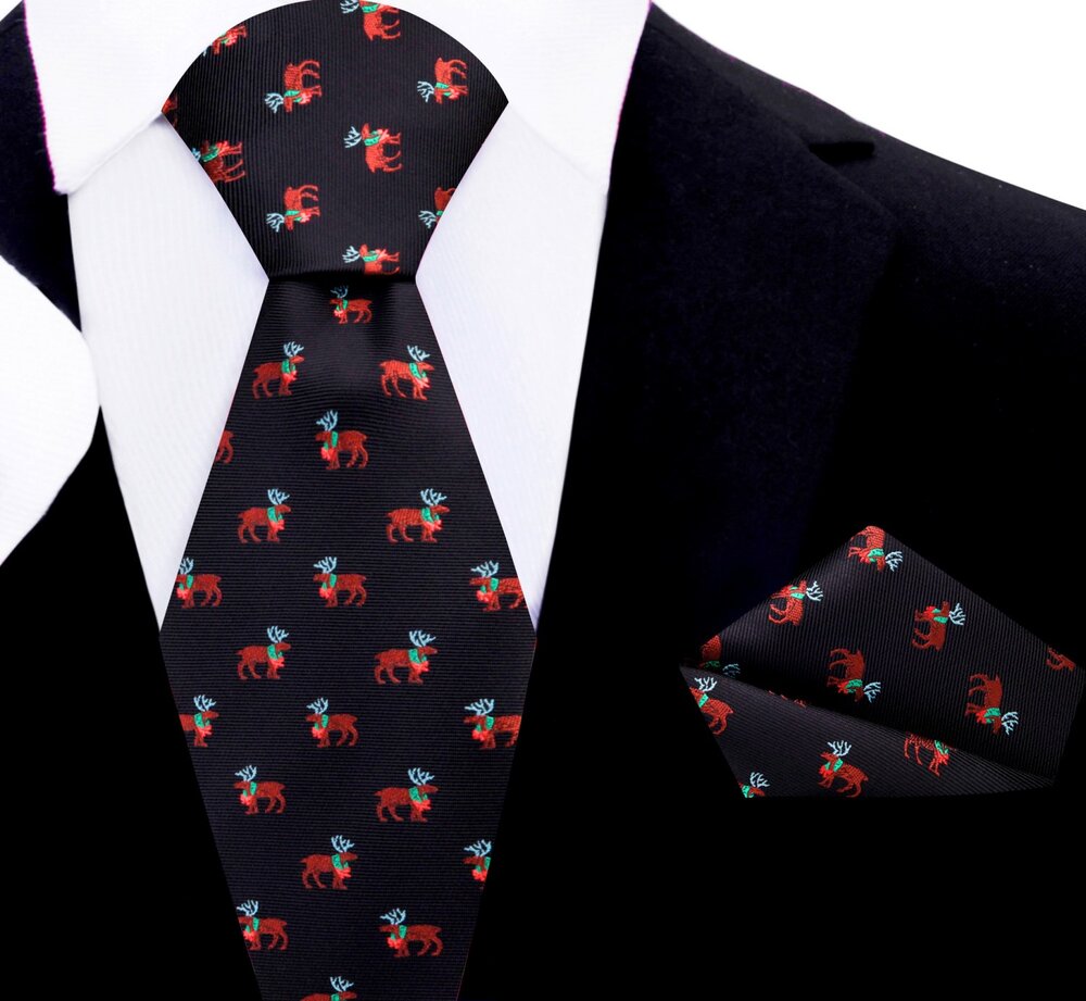 Black Silk with Wreath Reindeer Tie Set