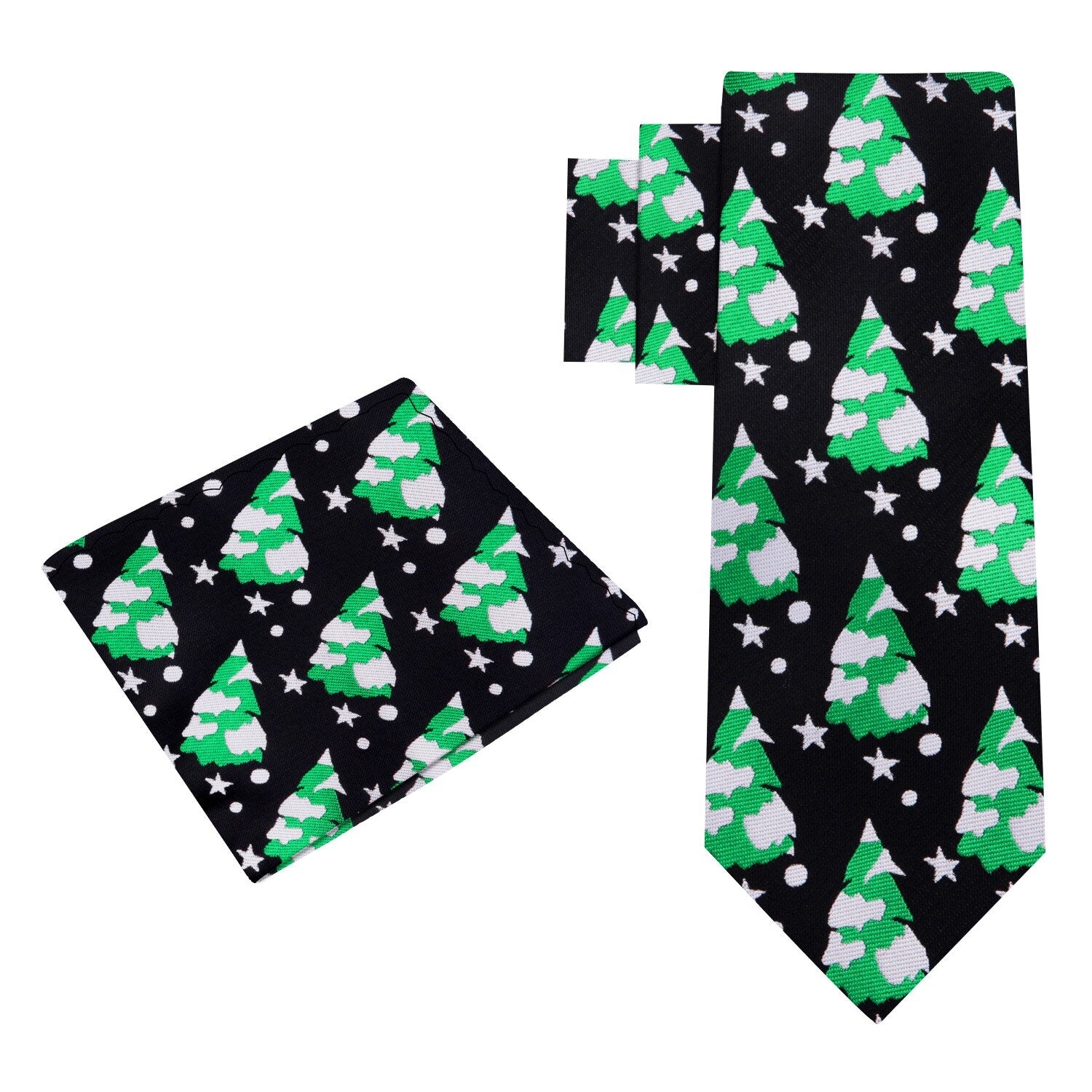 Alt View: Black, Green, White Christmas Trees with Snow Silk Necktie and Pocket Square
