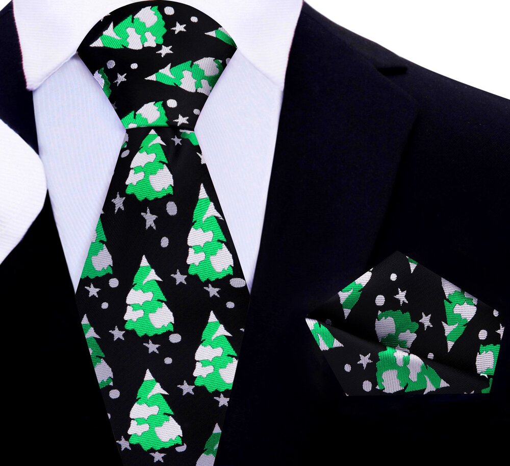 Black, Green, White Christmas Trees with Snow Silk Necktie and Pocket Square