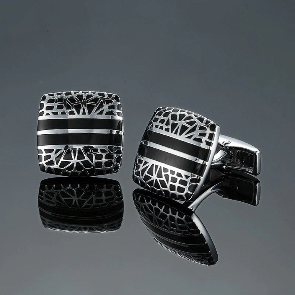 A Chrome and Black Color Square Shape with Intricate Pattern and Two Lines Cuff-links.