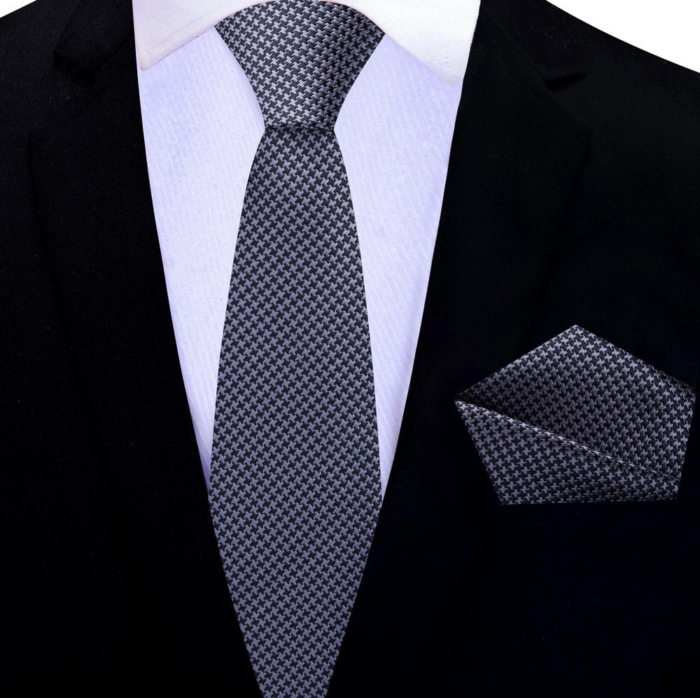 Silver, Black Hounds-Tooth Thin Tie and Pocket Square