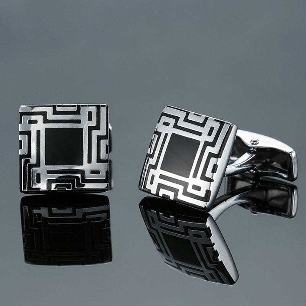 A Chrome, Black Color with Square Shape and Intricate Geometric Shape Cuff-links