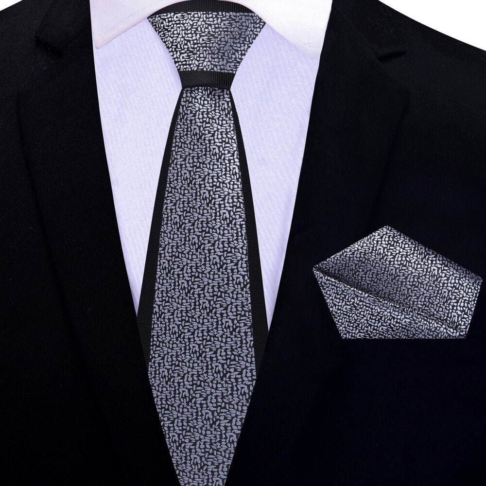 Grey, Black Textured Thin Tie and Pocket Square