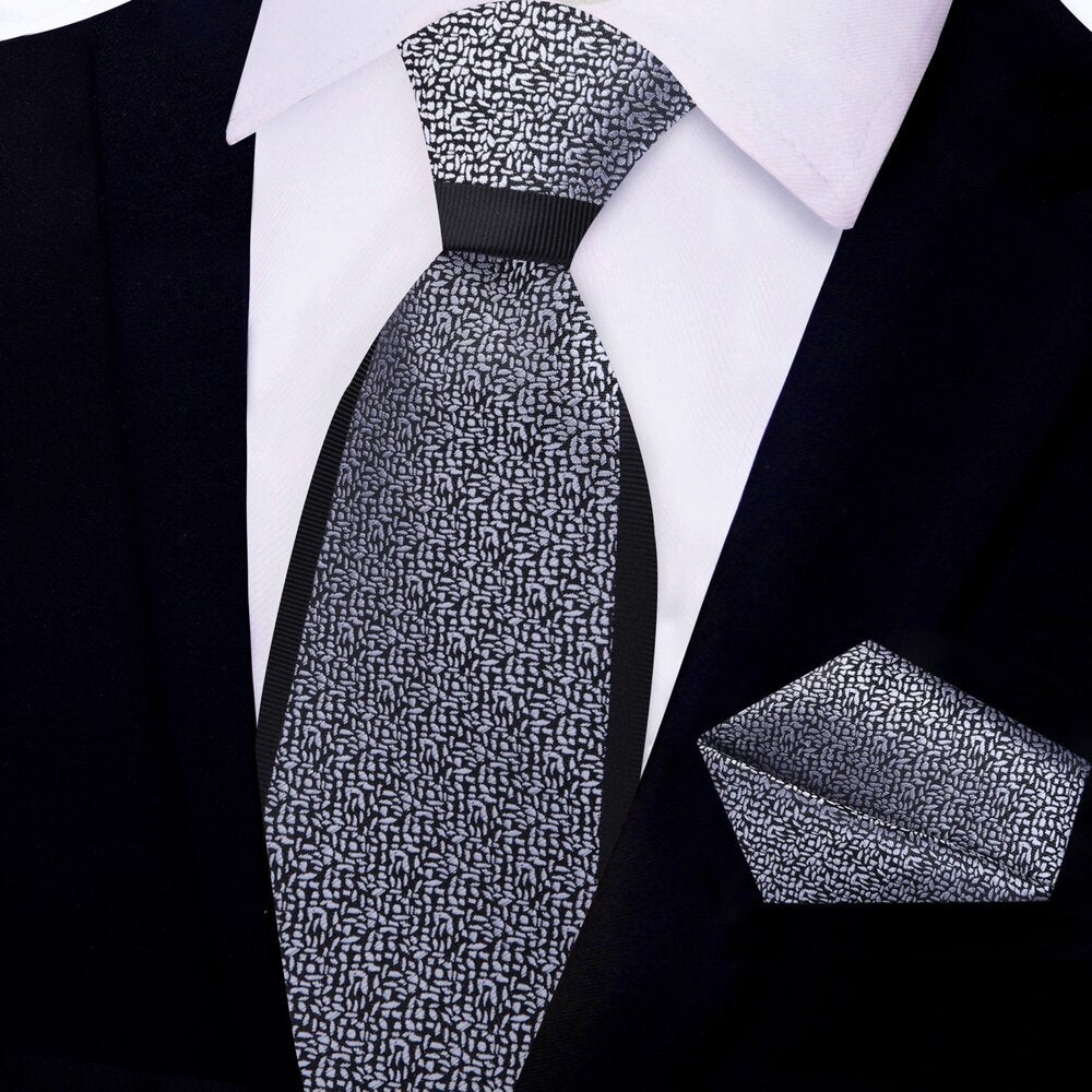 Grey, Black Textured Tie and Pocket Square