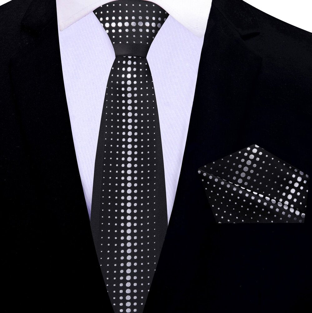 Black and Silver Dots Thin Tie and Pocket Square
