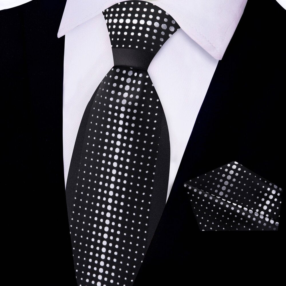 Black and Silver Dots Tie and Pocket Square