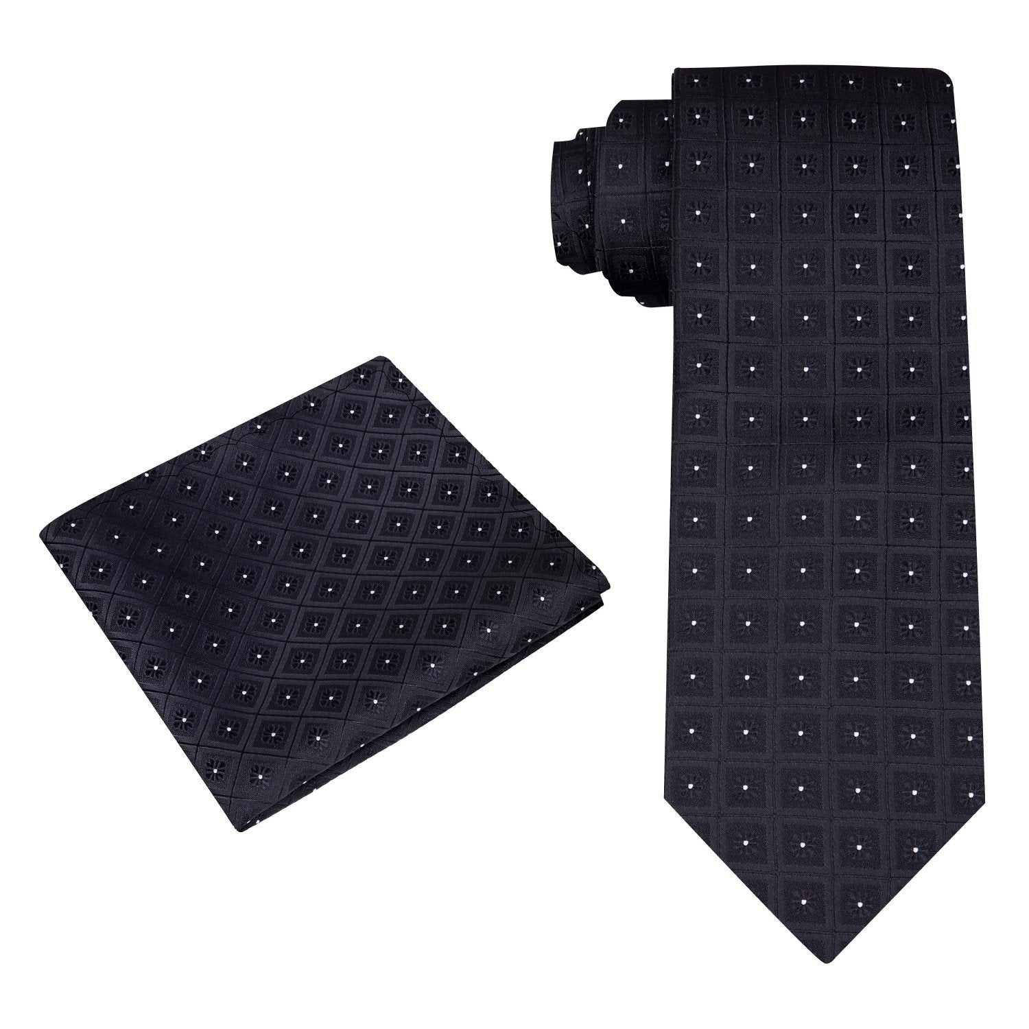 Alt View: A Black, White Geometric Squares With Small Flowers Silk Necktie, Matching Pocket Square