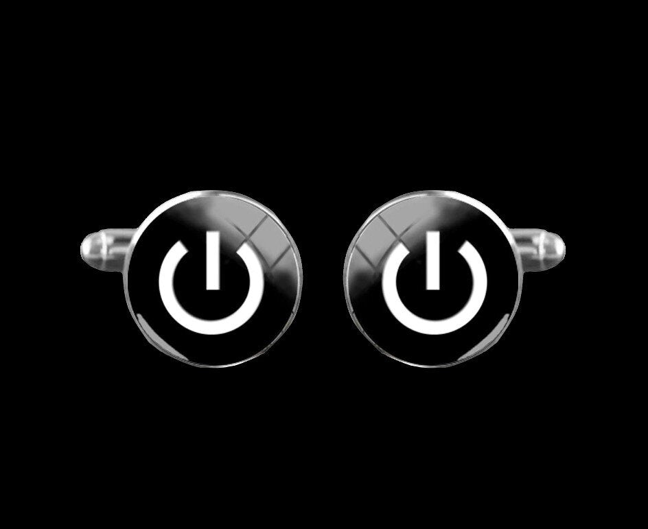 A Black, White with Circle and Power Button Design Cuff-links||White