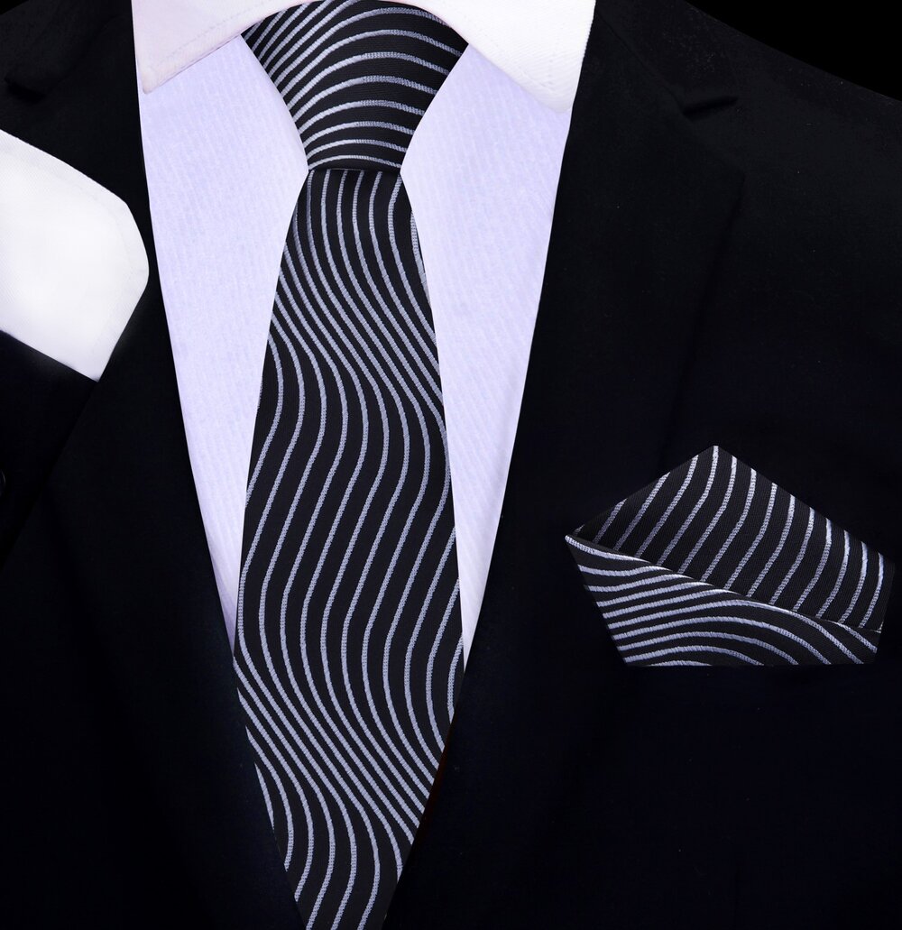 Thin Tie View Black, Light Grey Abstract Waves Tie