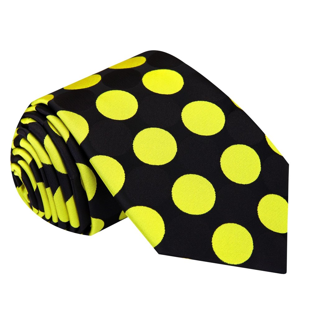 A Black, Yellow Large Polka Dot Pattern Silk Necktie||Black, Yellow