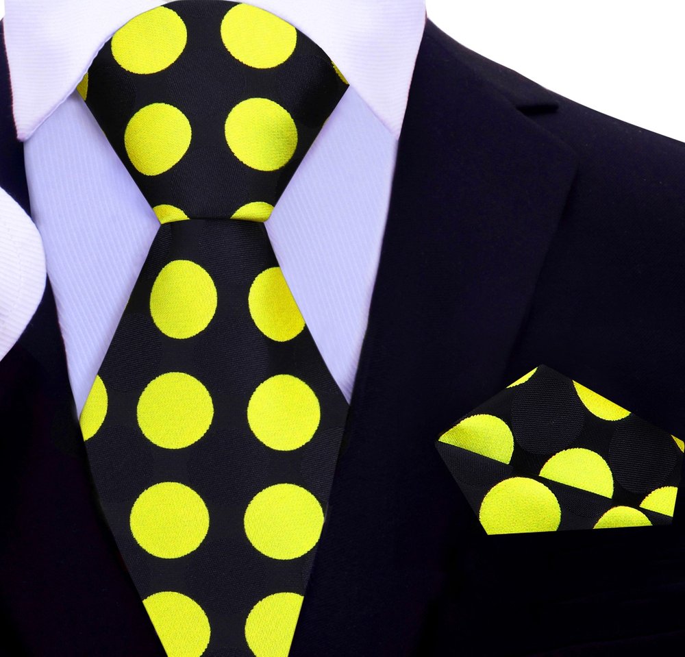A Black, Yellow Large Polka Dot Pattern Silk Necktie With Matching Pocket Square||Black, Yellow