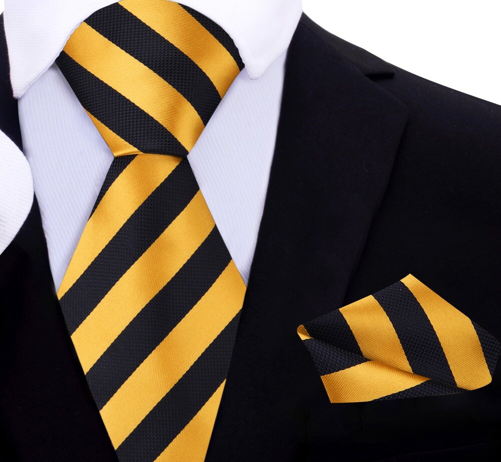 Black, Yellow Gold Stripe Tie and Pocket Square||Yellow Gold, Black