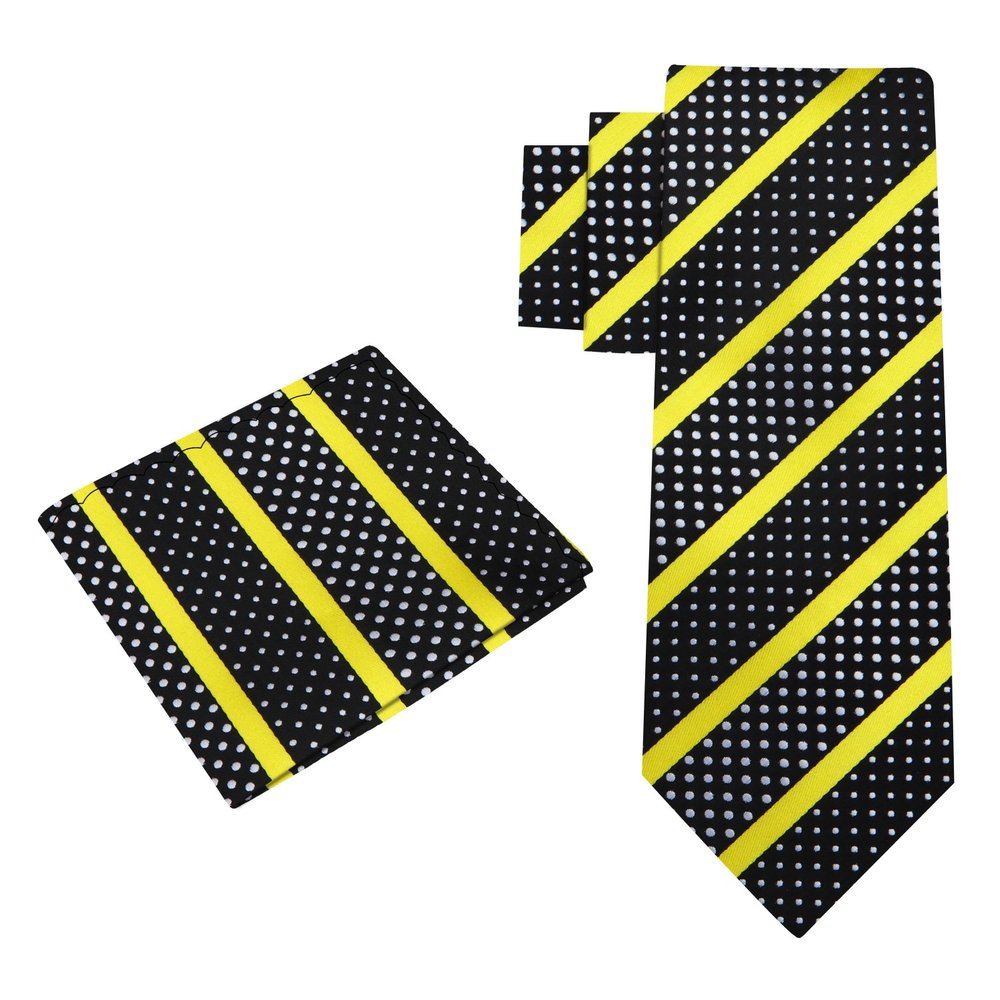 Alt View: A Black Silk Background With Yellow Stripes And White Dots Necktie With Matching Pocket Square