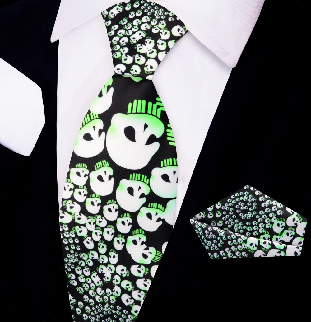 Main: Black Tie, Light Green, Off-White Skulls in a Swirl Tie and Pocket Square