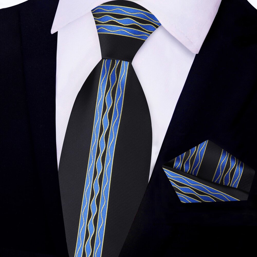 Black, Light Blue, Yellow Wavy Lines Tie and Pocket Square||Black, Blue