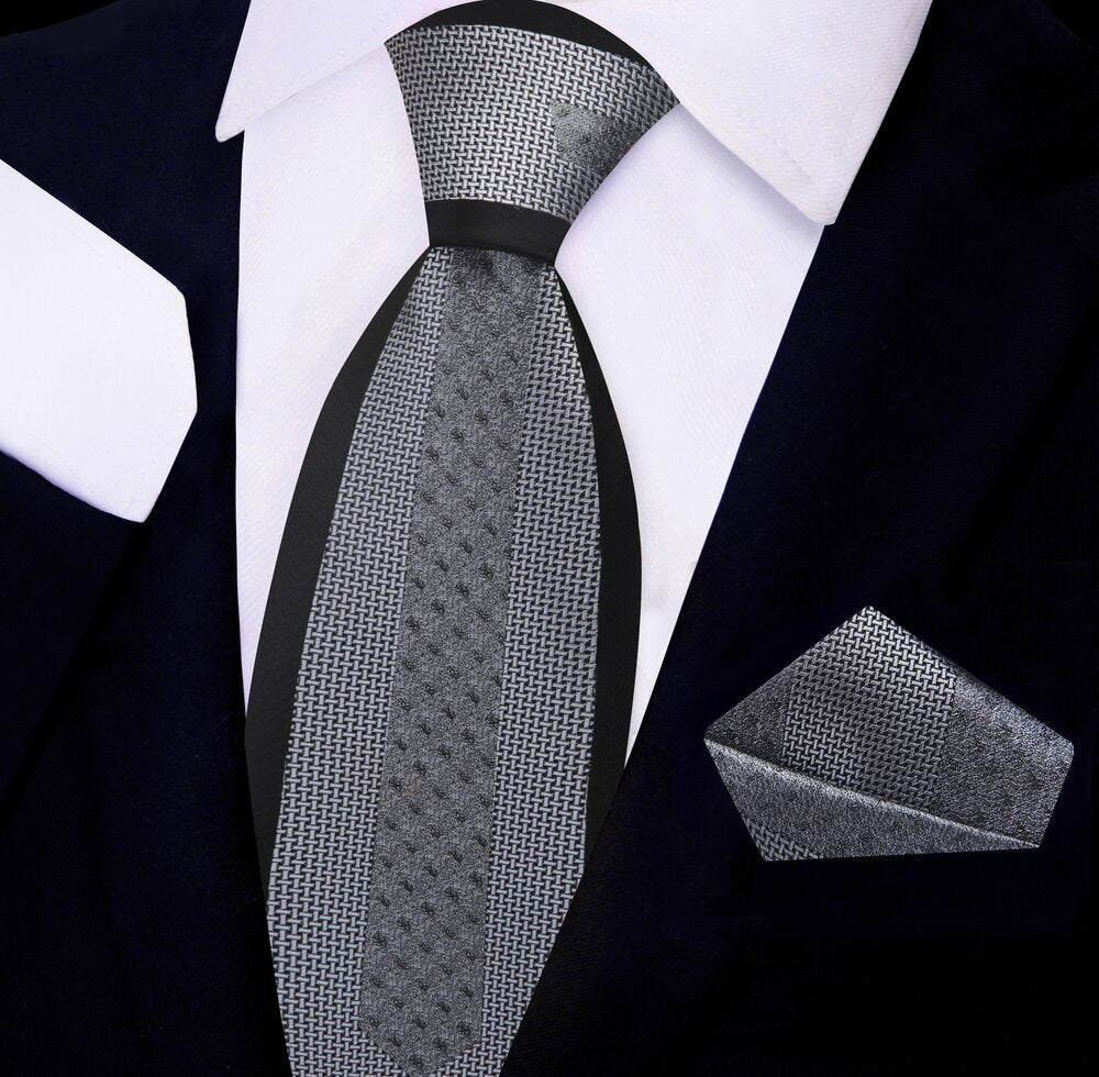 Grey, Black Geometric Tie and Pocket Square||Grey
