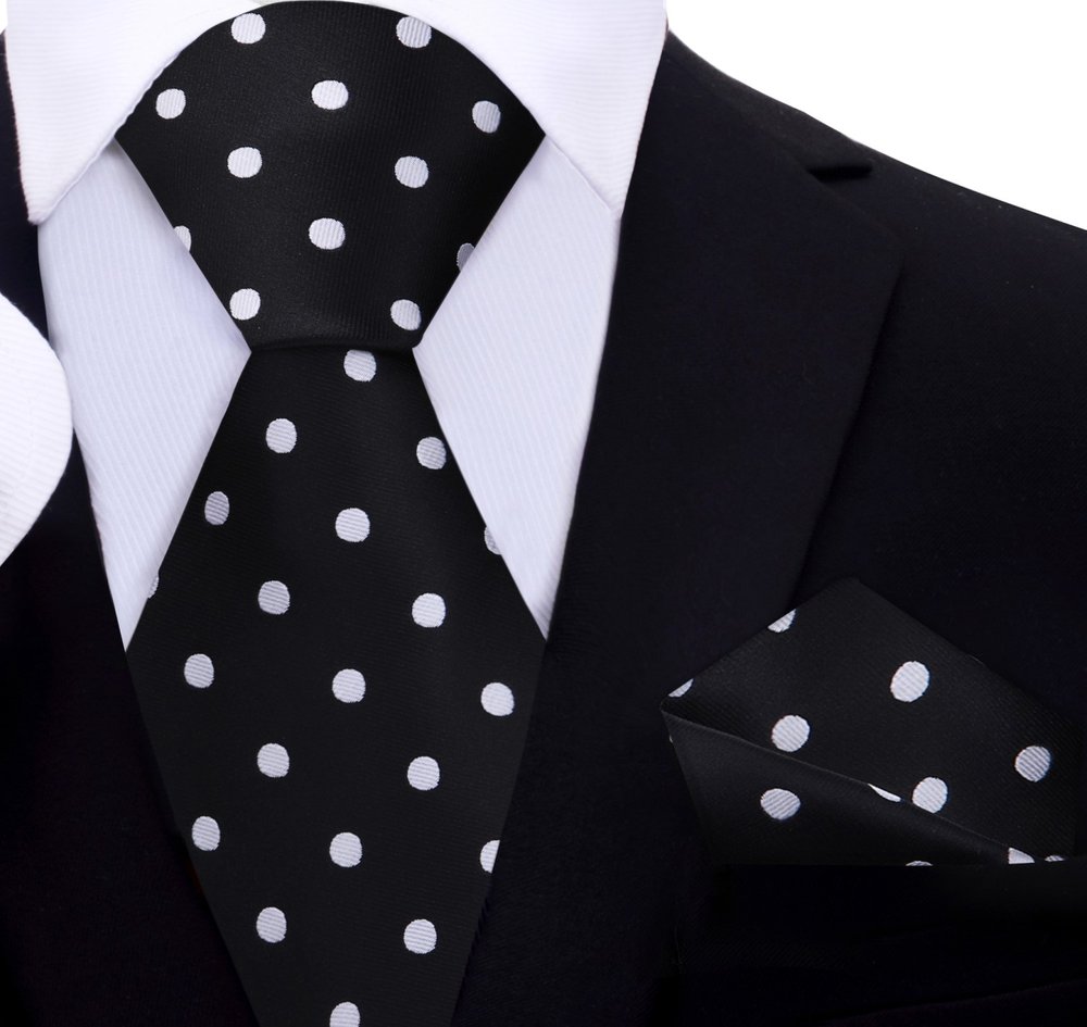 Prime Neckwear Fine Point Polka Necktie Single Necktie Regular 60 Black with Small White Dots