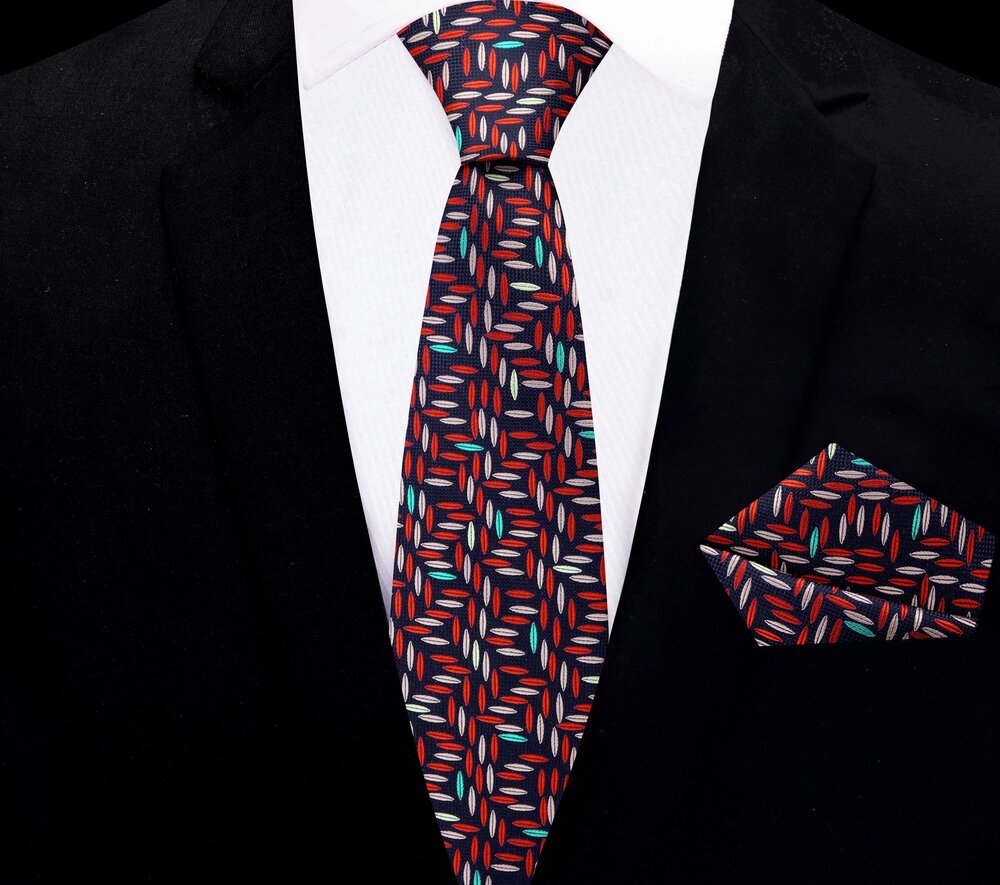 Thin Tie: Blackened Blue, Wheat, Red Geometric Tie and Pocket Square