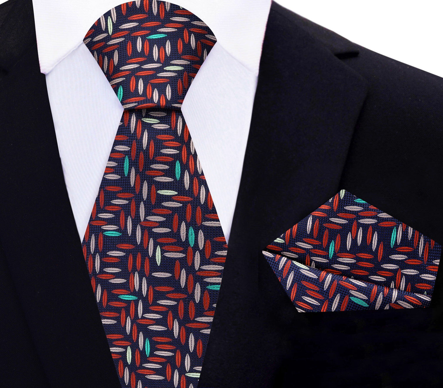 Main View: Blackened Blue, Wheat, Red Geometric Tie and Pocket Square