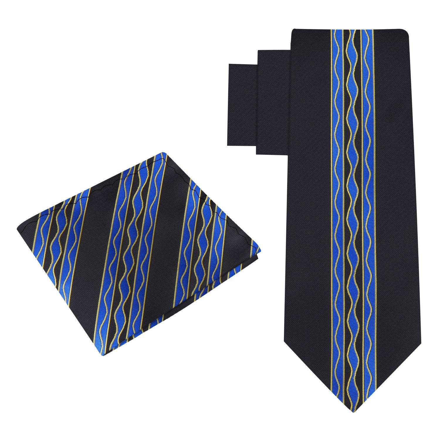 Alt View: Black, Light Blue, Yellow Wavy Lines Tie and Pocket Square