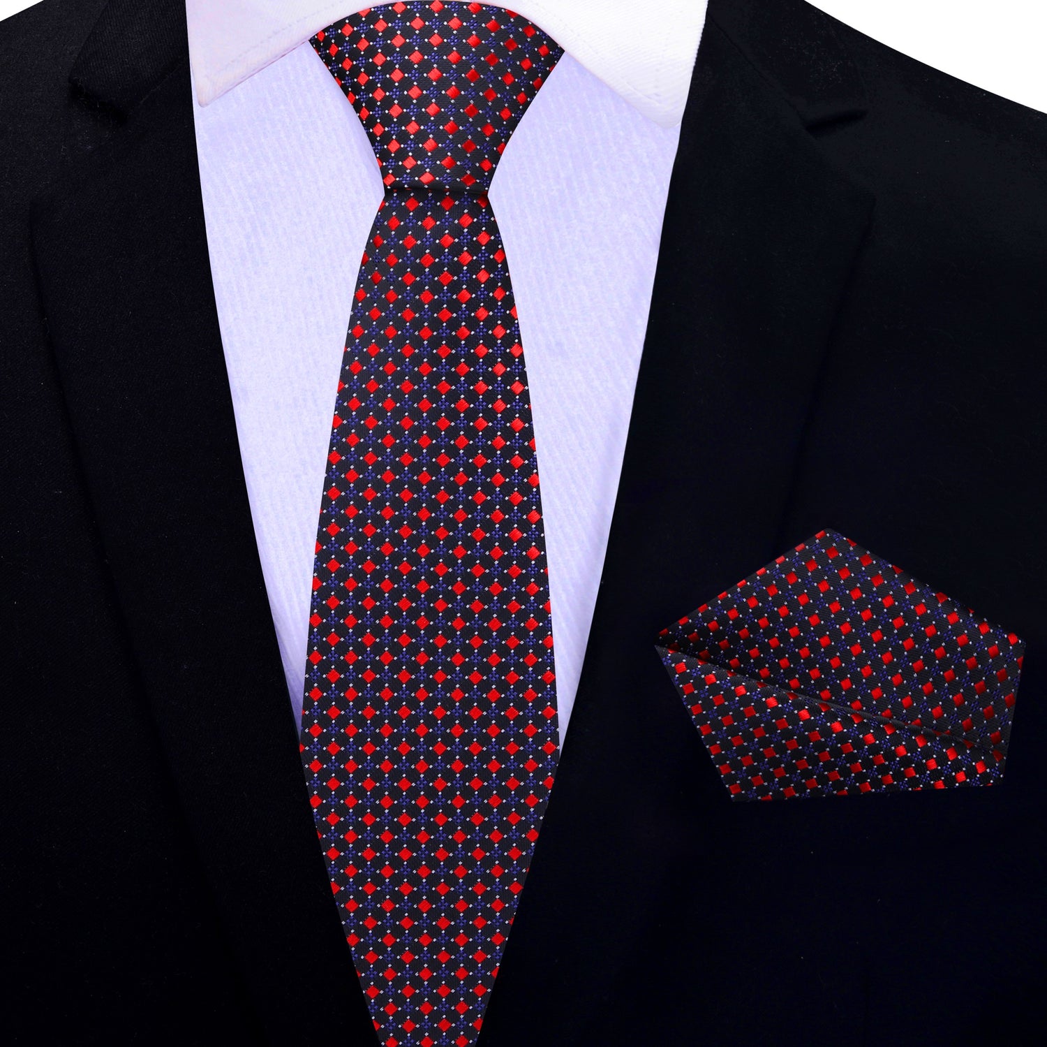 Black, Red and Purple Check Thin Tie and Pocket Square
